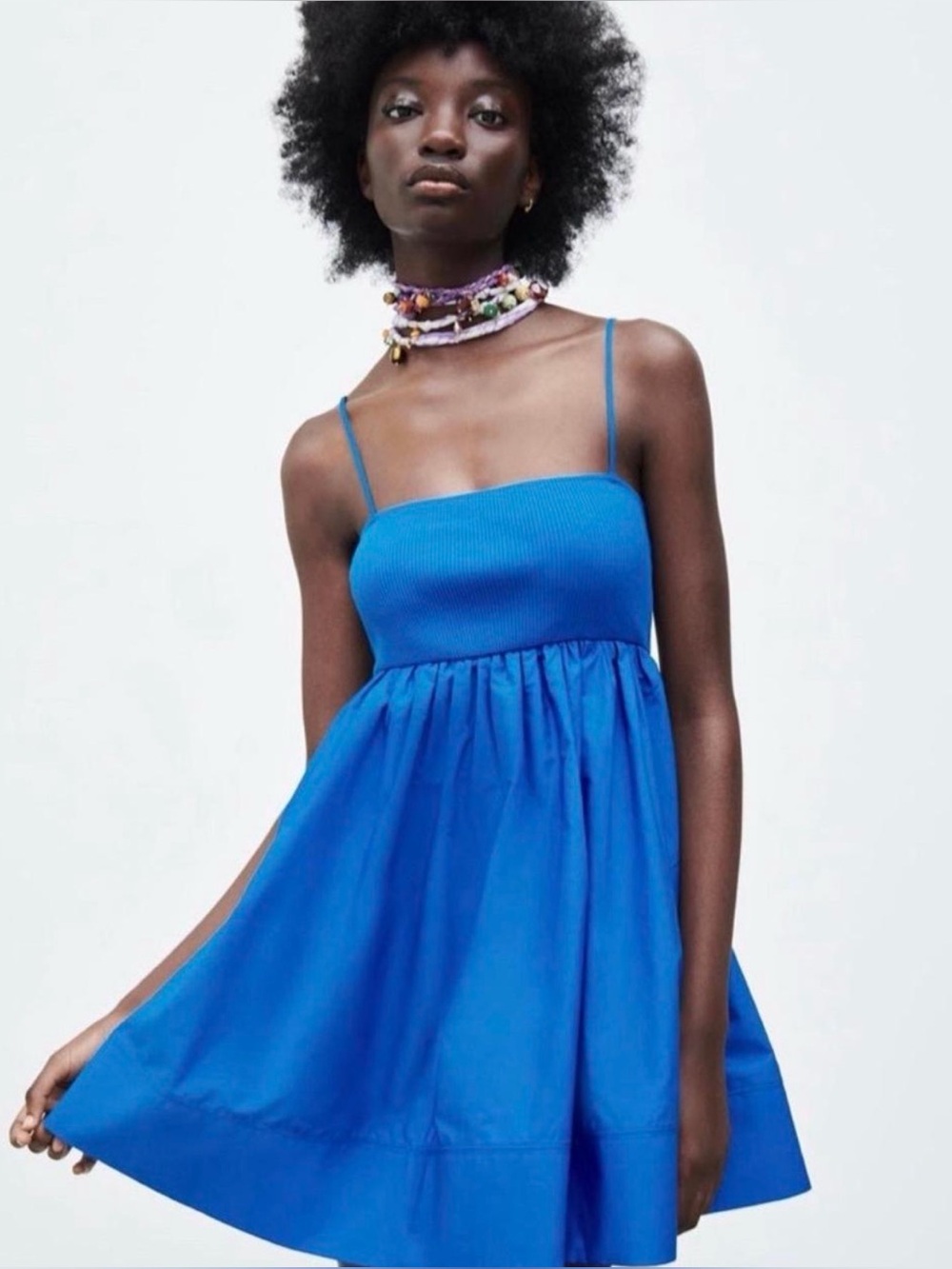 Zara Royal Blue Ribbed Poplin Babydoll Mini Dress M